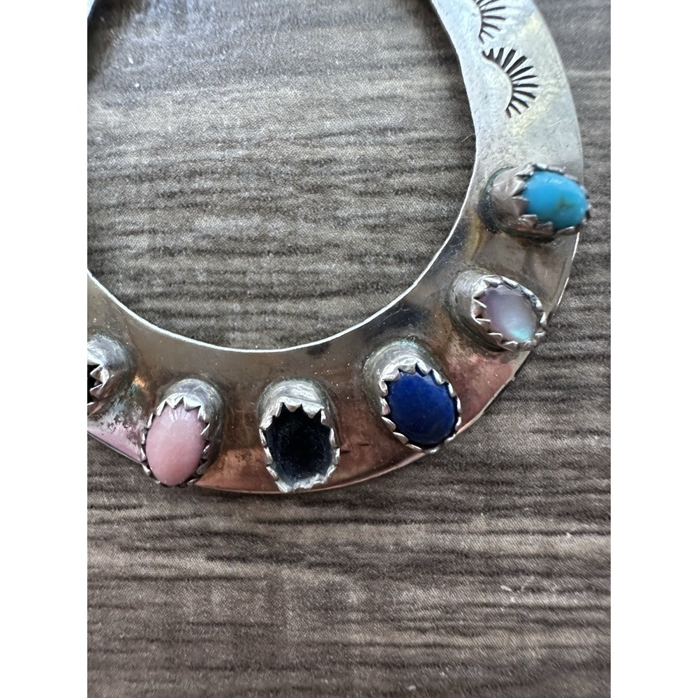 Navajo Sterling Silver Multi Stone Large Hoop Earrings Signed AJ - Picture 6 of 16